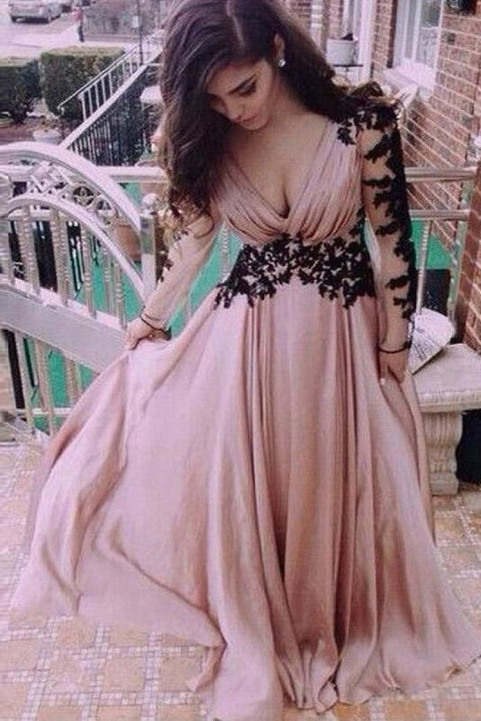 A-line Deep V-neck Applique Evening Dress With Long Sleeves
