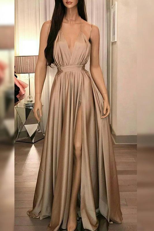 A-line Deep V-neck Ruffles Evening Dress With High Slit