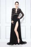Black Lace Thigh-high Slit Prom Dress With Sleeves