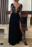 Black Thigh-high Slit V-neck Appliques Prom Dress