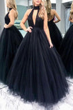 Black Cut Out Backless Tulle High Neck Ball Gown Evening Dress