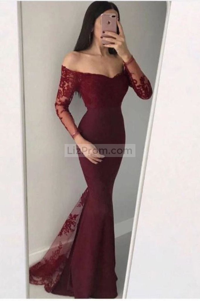 Black Mermaid Lace Off-The-Shoulder Prom Dress With Sleeves