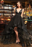 Black Deep V-neck High Low Ball Gown Prom Dress