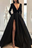 Black Deep V-neck Velvet Prom Evening Dress With Sleeves