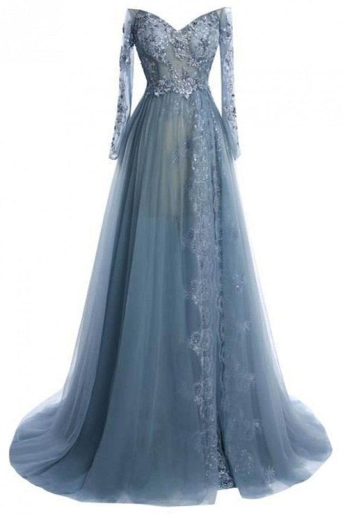 Blue Appliques Rhinestone Off The Shoulder Long Sleeves Prom Dress Dresses