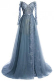 Blue Appliques Off The Shoulder Long Sleeves Prom Dress