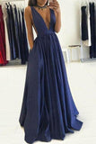 Dark Navy Deep V-neck Backless A-line Prom Dress