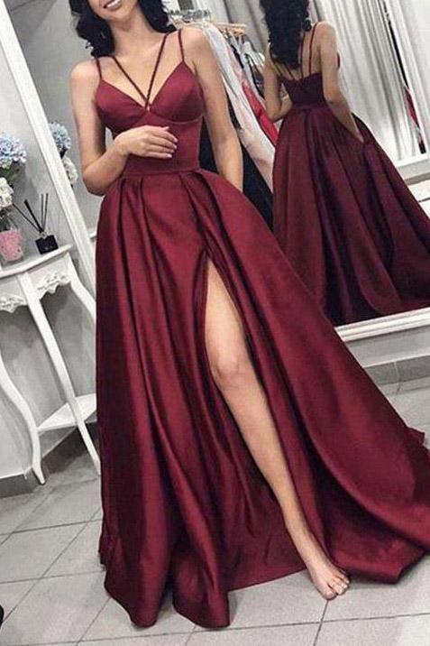 Burgundy Deep V-neck Spaghetti Straps Ball Gown