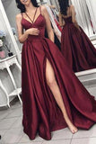 Burgundy Deep V-neck Spaghetti Straps Ball Gown