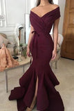Burgundy Bow Ruffled Mermaid V-neck Prom Dress