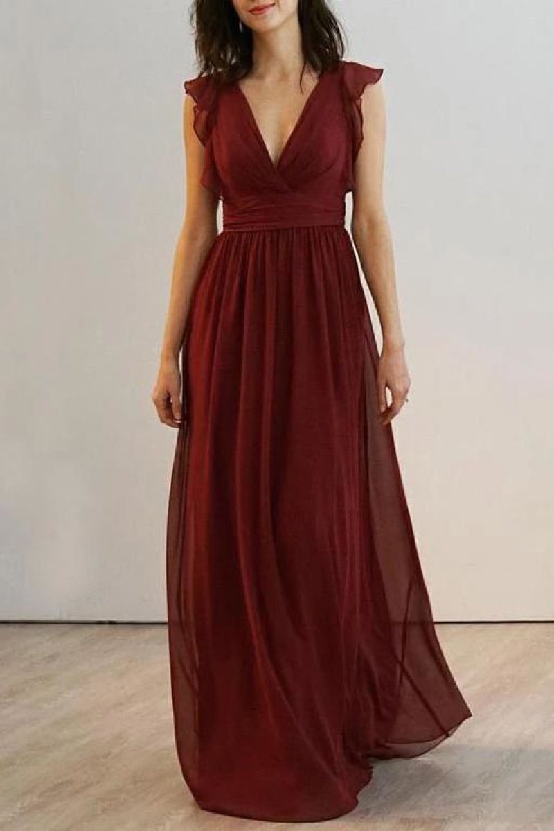 Burgundy Cap Sleeves Backless V-Neck A-Line Chiffon Bridesmaid Prom Dress Dresses
