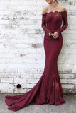 Burgundy Off The Shoulder Mermaid Lace Prom Dress