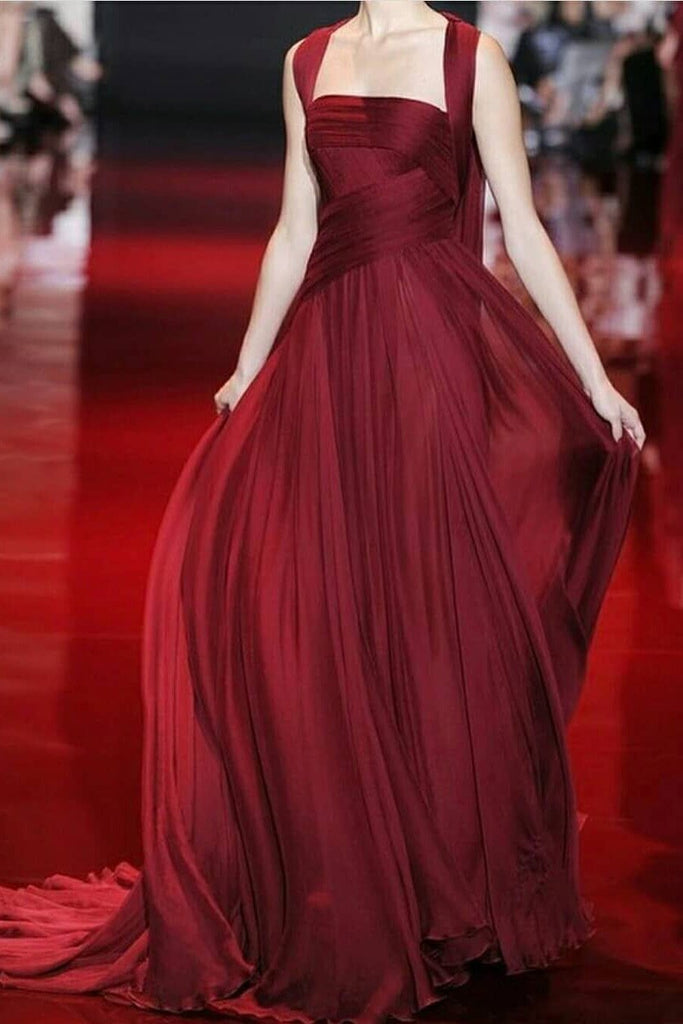 Burgundy Square Neck A-line Sleeveless Prom Dress