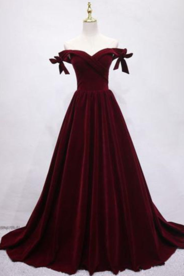 Burgundy Velvet Off-the-Shoulder Train Prom Evening Gown