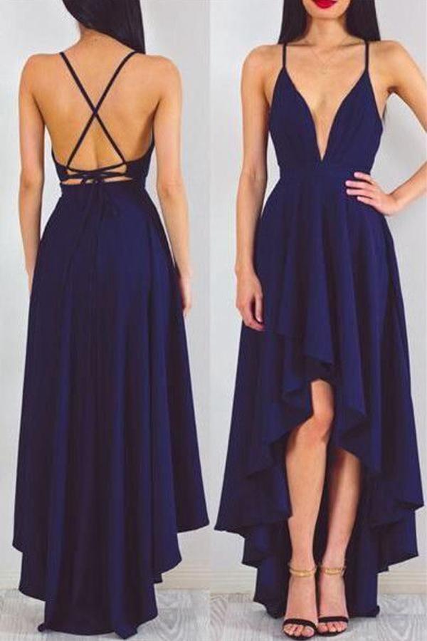 Navy Blue Backless Chiffon High Low Evening Prom Dress
