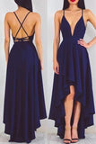 Navy Blue High Low Chiffon Evening Gown Prom Dress