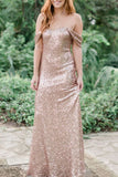 Champagne Backless Off The Shoulder Sequined Prom Dress