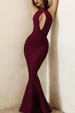 Burgundy Sexy Mermaid Halter Backless Formal Prom Dress