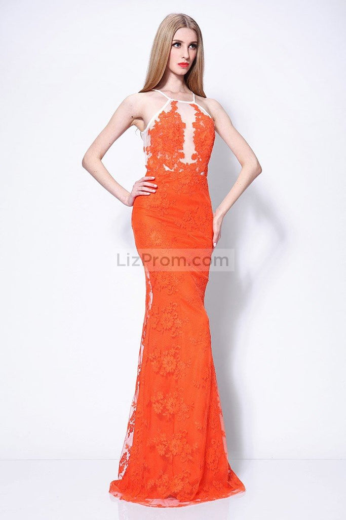 Orange Lace Mermaid Evening Gown Prom Dress