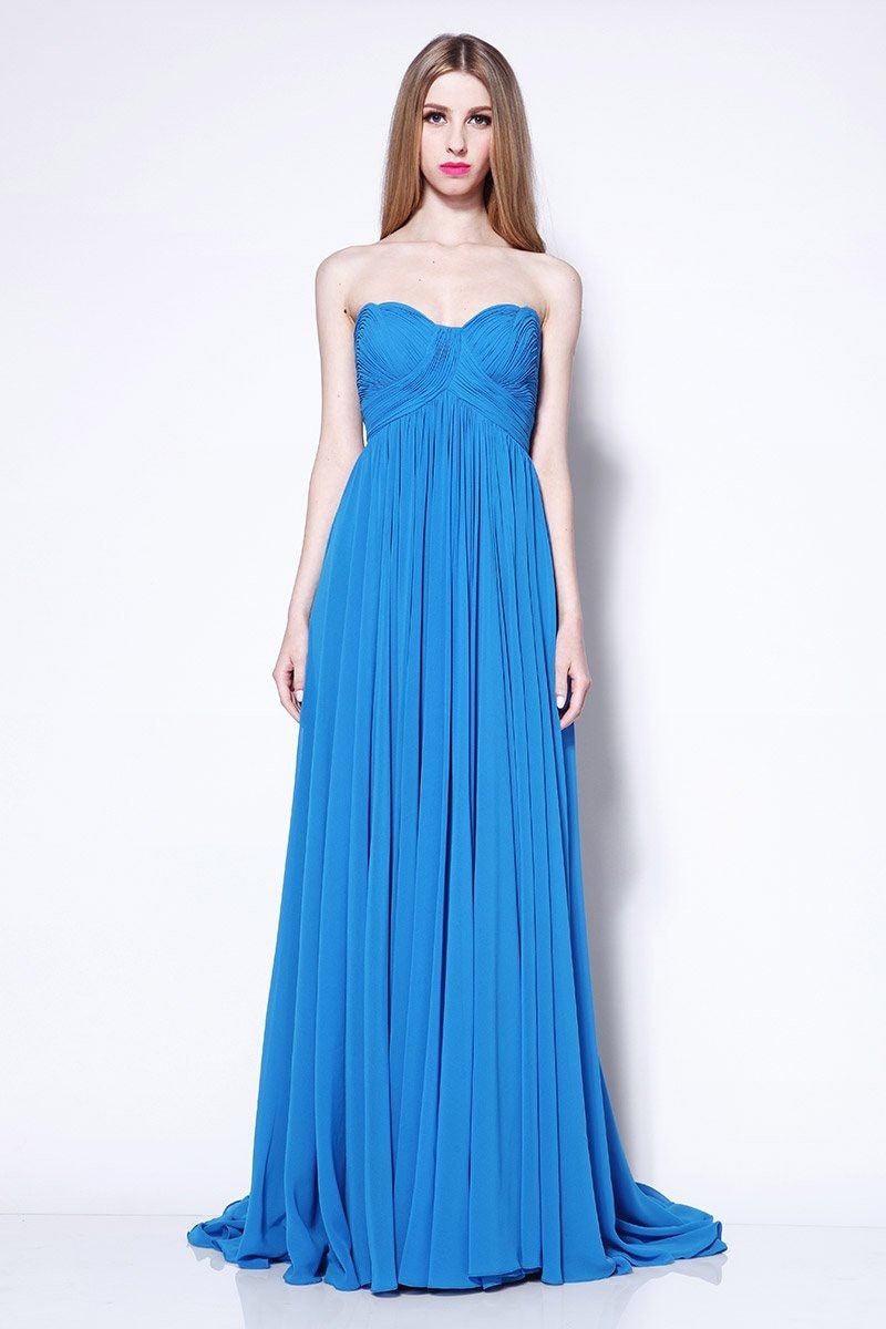 Strapless Pleated Blue A-line Prom Bridesmaid Dress
