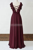Chiffon Burgundy Cap Sleeves Evening Dress With Criss Cross Straps