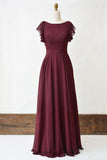 Chiffon Burgundy Cap Sleeves Evening Dress With Criss Cross Straps