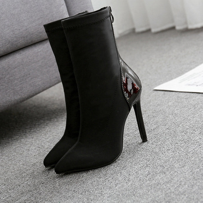 Colorblock Pointed Toe Stiletto Heels Boots With Zipper - Mislish