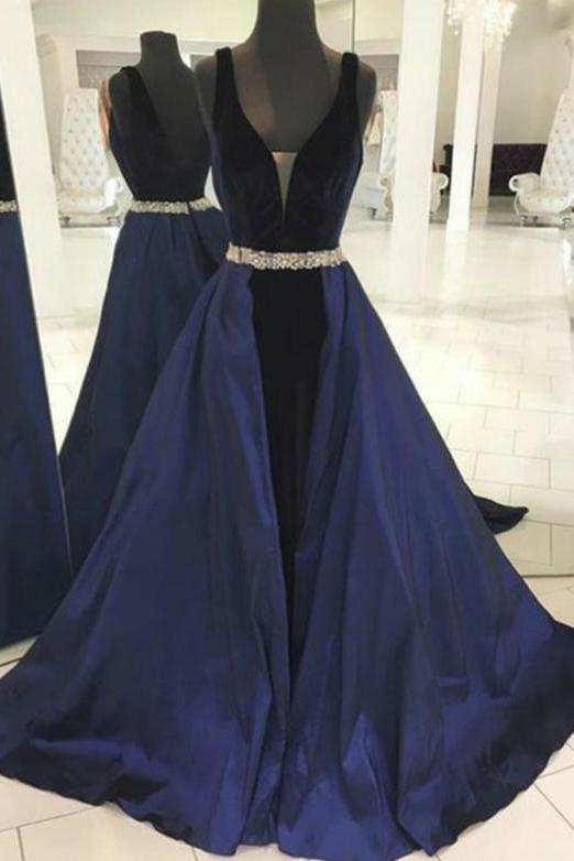 Dark Navy And Black Backless A-line V-neck Prom Dress