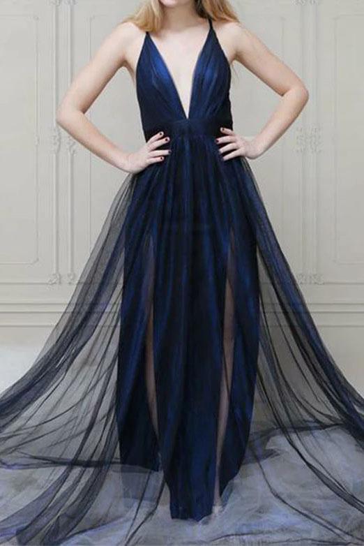 Dark Navy Deep V-neck Slit rom Dress