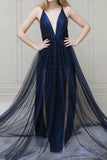 Dark Navy Deep V-neck Slit rom Dress