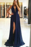 Dark Navy Lace Slit Sexy Prom Dress