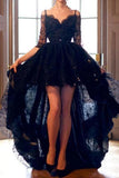 Dark Navy High Low Off The Shoulder Lace Prom Dress