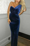 Sexy Dark Navy Velvet One Shoulder Mermaid Prom Dress