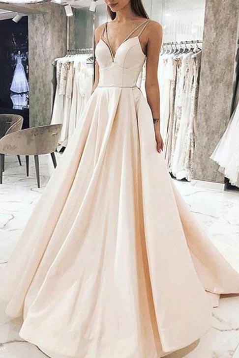 Elegant Champagne A-line V-neck Spaghetti Straps Ball Gown
