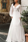 Elegant White Long Sleeves V-neck A-line Prom Dress