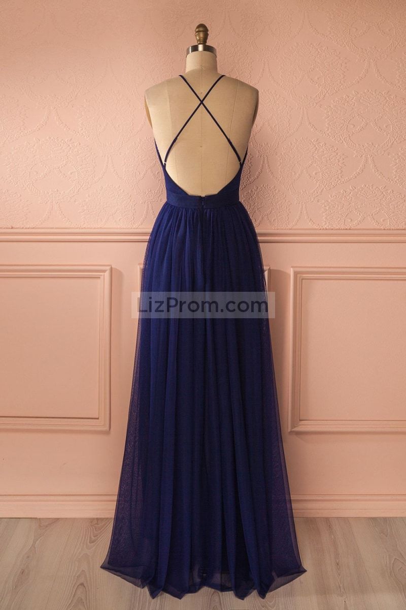 Dark Navy V-Neck Spaghetti Straps Prom Evening Dress Dresses
