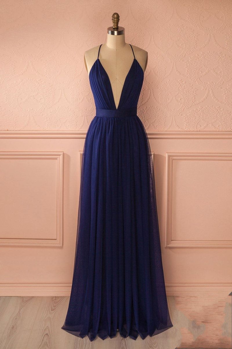 Navy Blue Low V-neck Chiffon Prom Evening Gown Formal Dress Sexy Backless