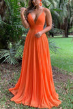 Orange Sexy Backless Pleated Prom Dress Evening Gown