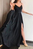 Black Spaghetti Straps Side Split Evening Gown Prom Dress