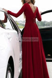 Full Length Burgundy Long Sleeves Evening Gown With Slit