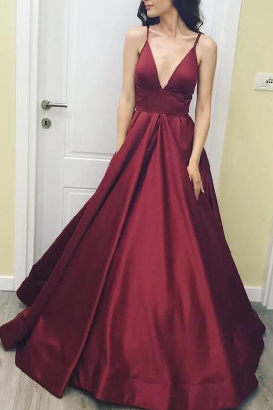 Burgundy Deep V-neck Spaghetti Straps A Line Prom Ball Gown