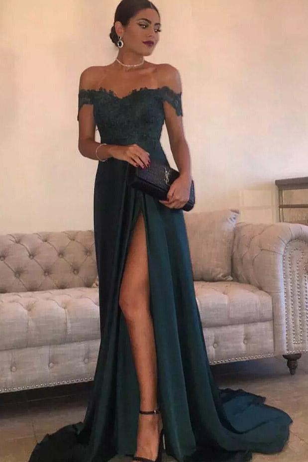 Dark Green Off the Shoulder Appliques Evening Gown Prom Formal Dresses
