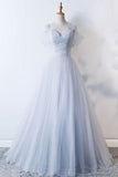 Light Sky Blue Tulle Off Shoulder Prom Gown Formal Dress