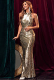 Gold Sequins Halter Backless Evening Prom Dress