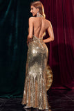 Gold Sequins Halter Backless Evening Prom Dress