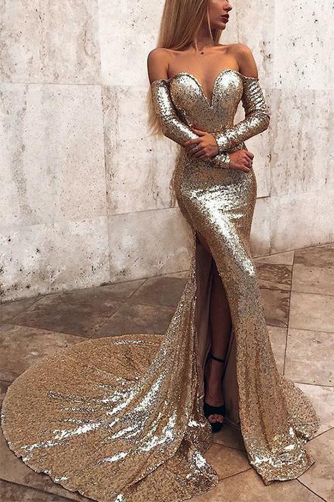 Sexy Mermaid Off The Shoulder Slit Long Sleeves Prom Dress