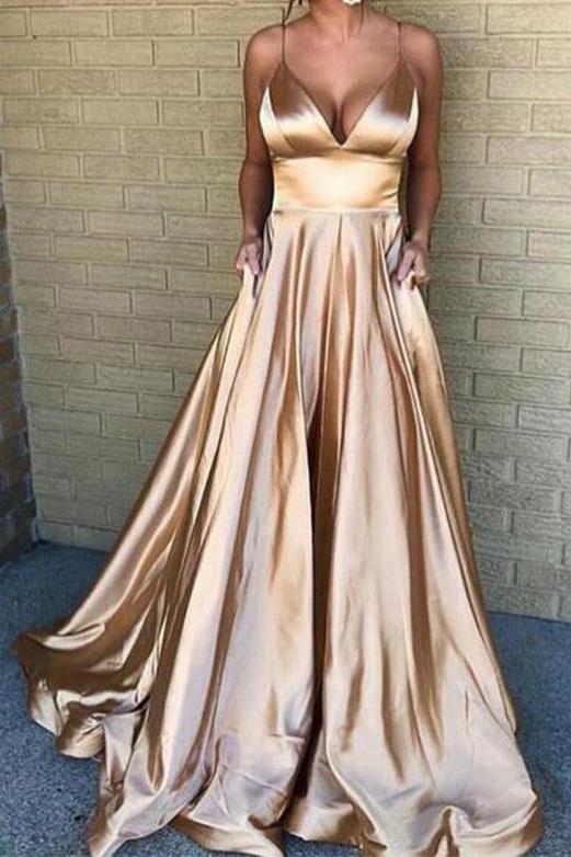 Gold V-neck Spaghetti Straps Ruffled Evening Prom Dress