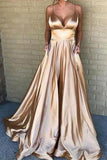 Gold V-neck Spaghetti Straps Ruffled Evening Prom Dress