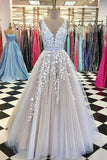 Tulle Appliques V-neck A-line Ball Gown Prom Evening Dresses