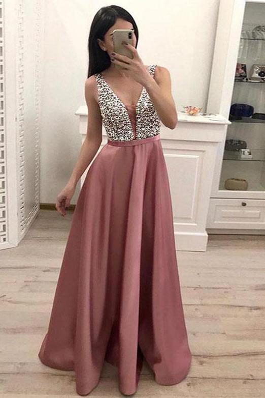 Gorgeous V-neck Beaded Evening Prom Dress